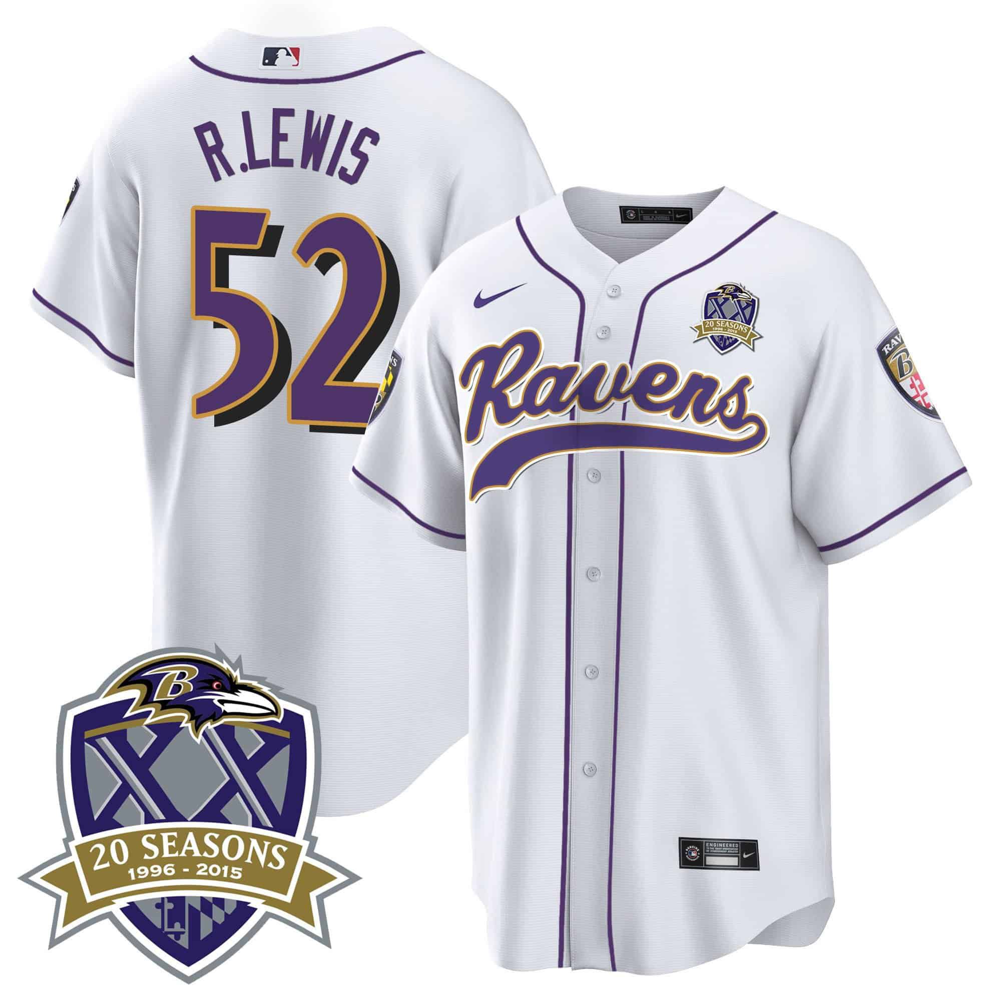Men Baltimore Ravens #52 R.Lewis White 2024 Nike 20th Season Patch Baseball NFL Jersey